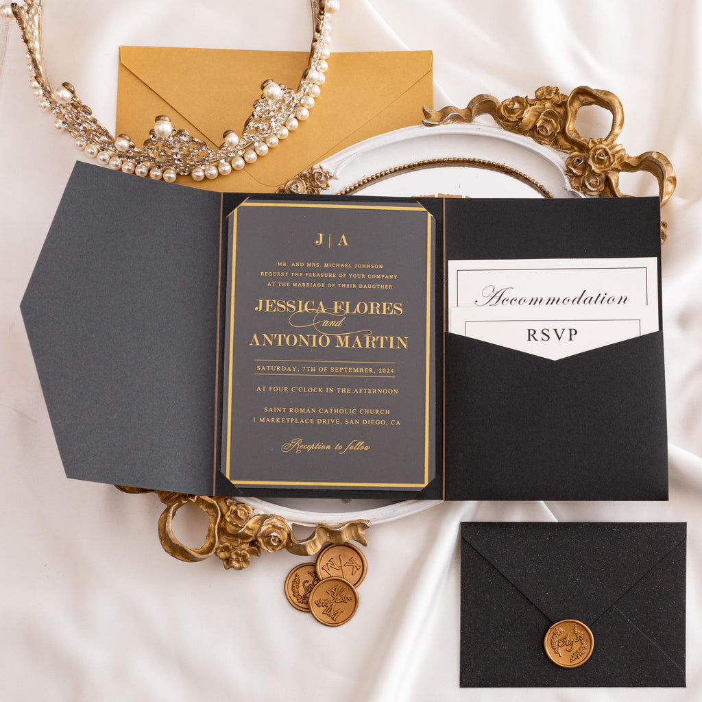 Black & Gold Acrylic Wedding Invitation | Pocketfold Envelope, Wax Seal