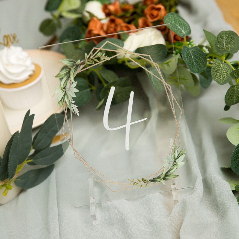 Geometric Eucalyptus Acrylic Wedding Table Number, Boho Foliage