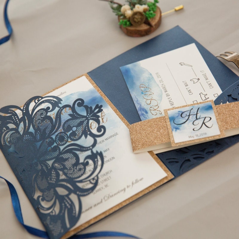 Navy Laser Cut Wedding Invitation, Watercolour & Gold Glitter