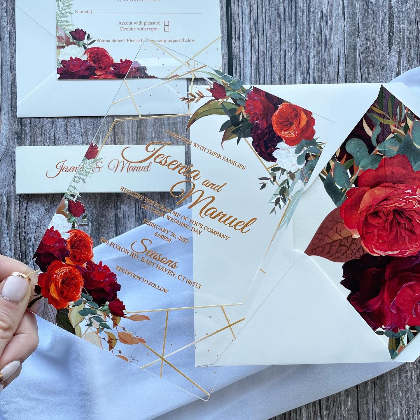 Floral Clear Acrylic Wedding Invitation Suite | Burgundy, Orange & Red