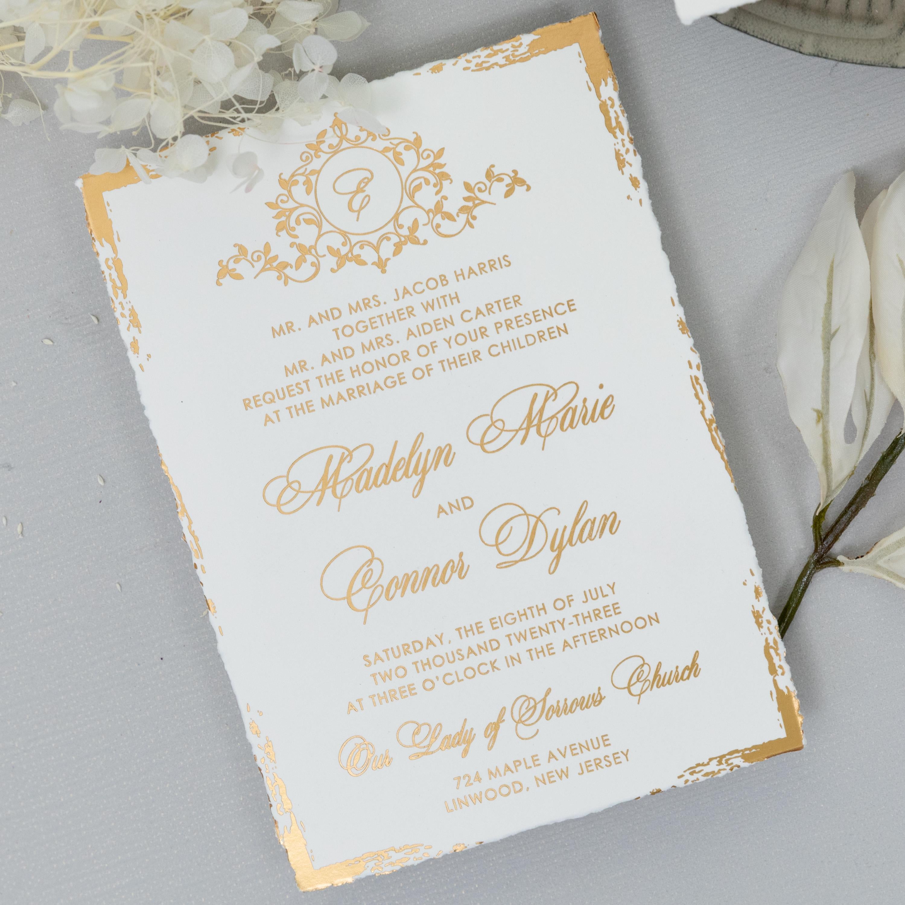 Deckle Edge Gold Foiled Wedding Invitation with RSVP matching Envelope | Modern Wedding Invite
