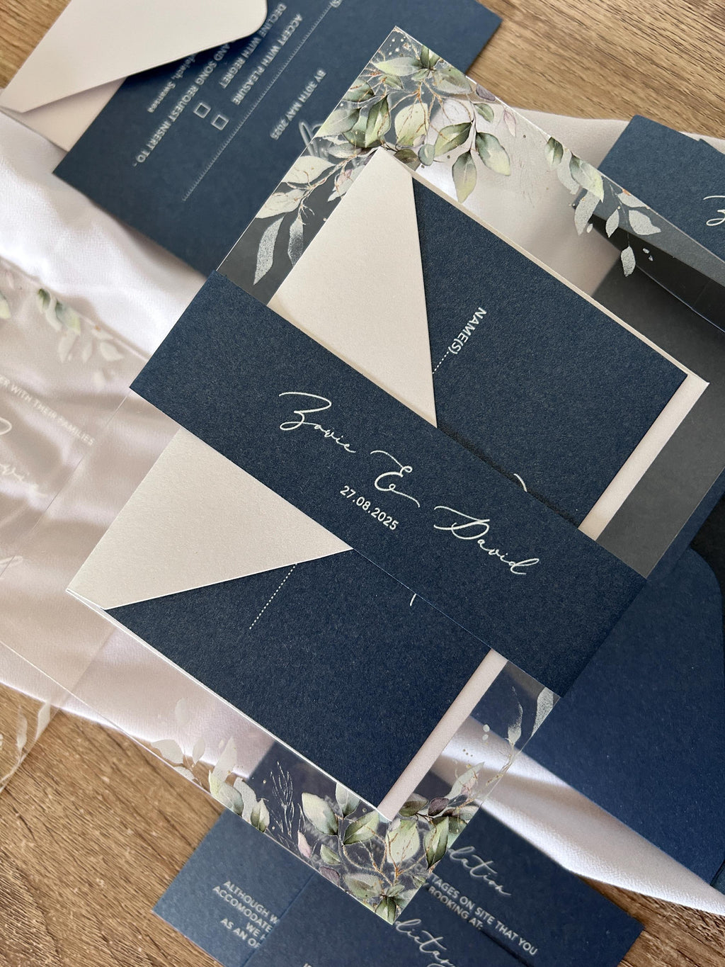 Navy & Clear Acrylic Wedding Invitation | Green Foliage, Elegant Suite