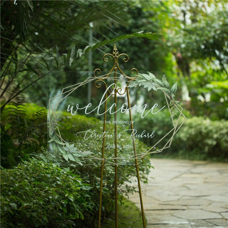 Geometric Foliage Calligraphy Acrylic Wedding Sign