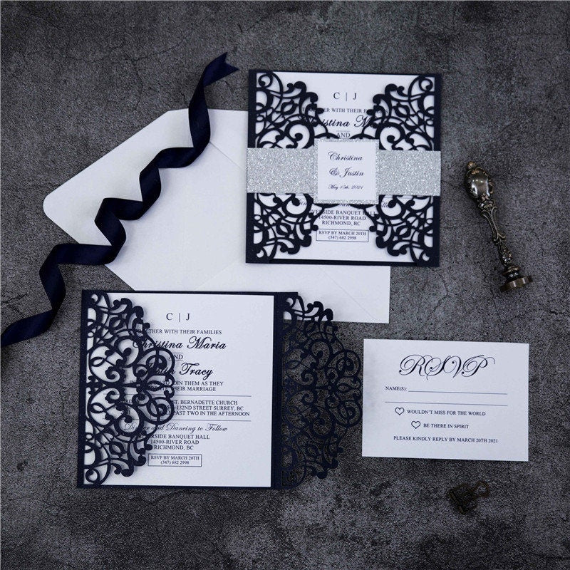 Navy Lasercut Gatefold Wedding Invitation with Silver Glitter Belly Band