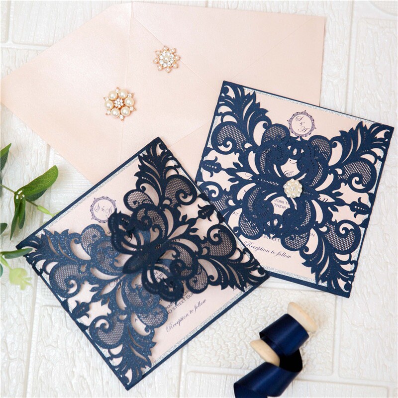 Navy Laser Cut Wedding Invitation, Blush and Silver Glitter