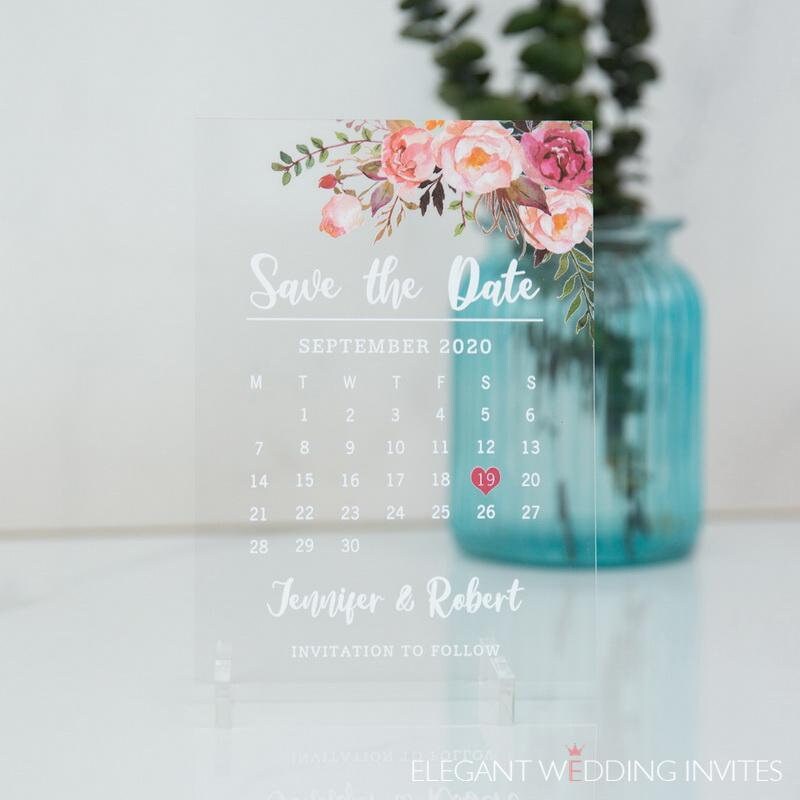 Wedding Invitation - Clear Acrylic Wedding Save The Date, Blush Floral Calendar