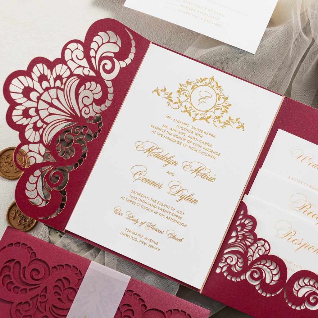 Elegant Burgundy Lasercut Pocketfold with Foil Detailing