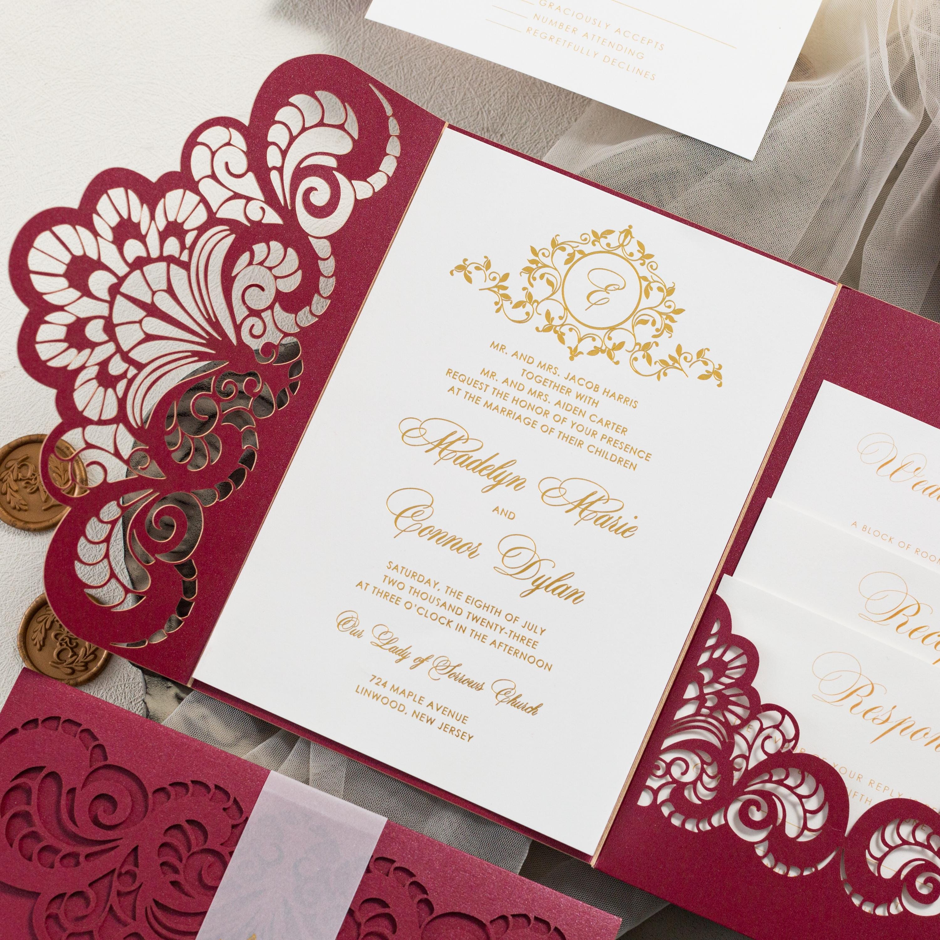 Burgundy Lasercut Wedding Invite with Gold Foil Bellyband