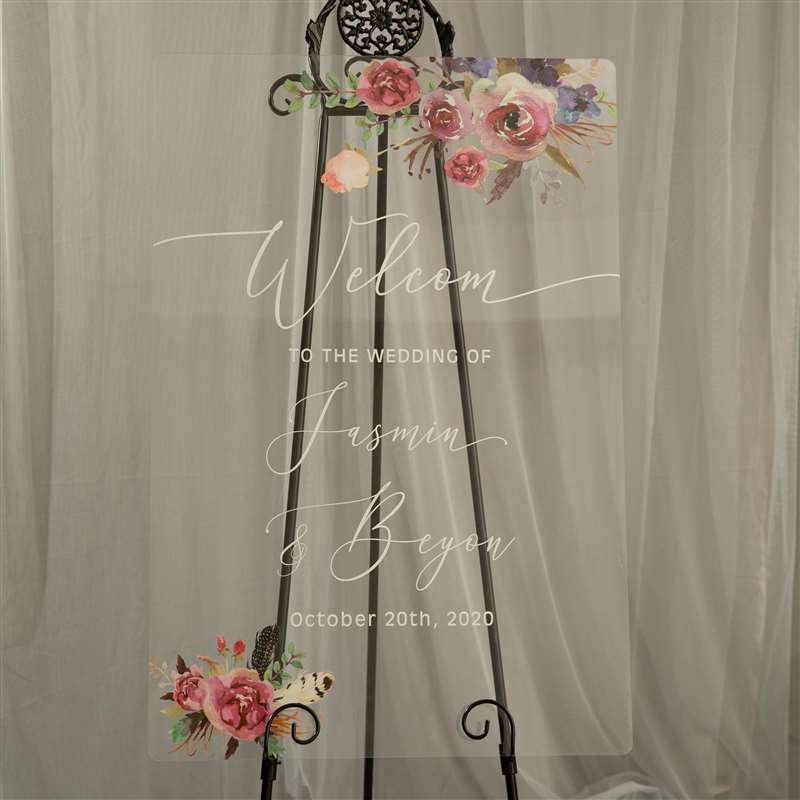 Floral Wreath Acrylic Wedding Welcome Sign, Personalized Calligraphy