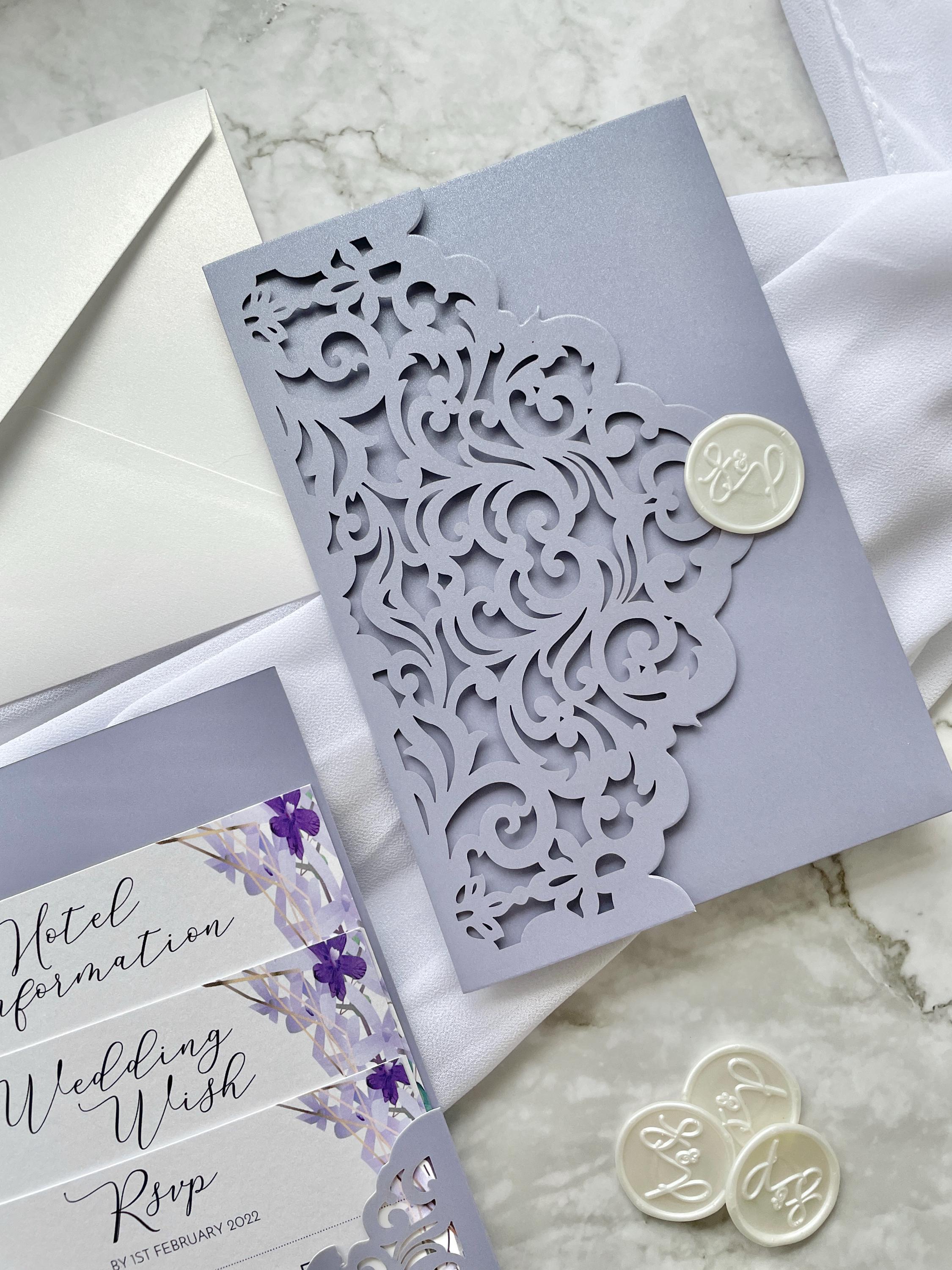 Lilac Purple Lasercut Wedding Invite | Gold Detail, Floral Inserts