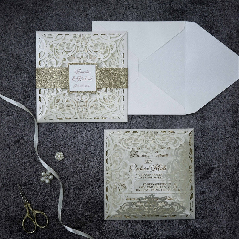 Lasercut Ivory Wedding Invitation with Rose Gold Glitter Details