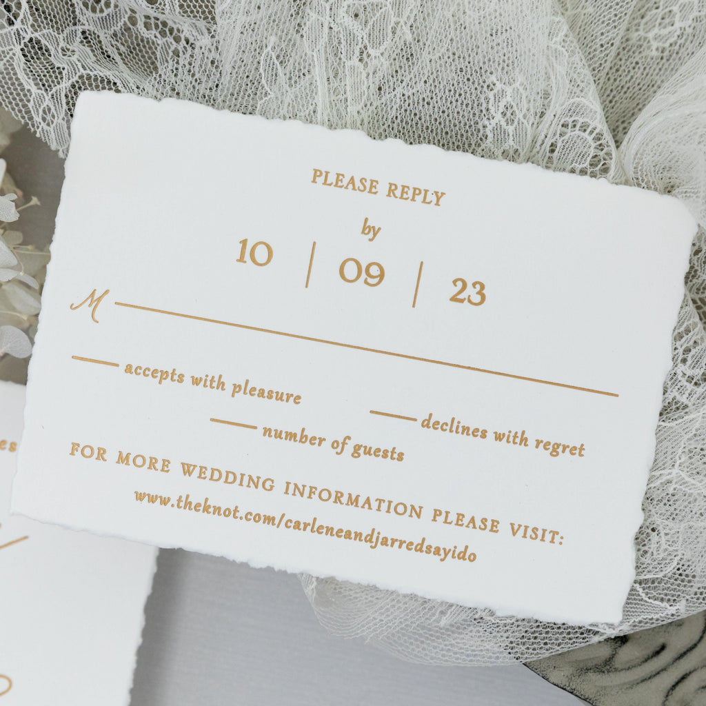 Gold Foiled Deckle Edge Wedding Invitation | RSVP & Wax Seal