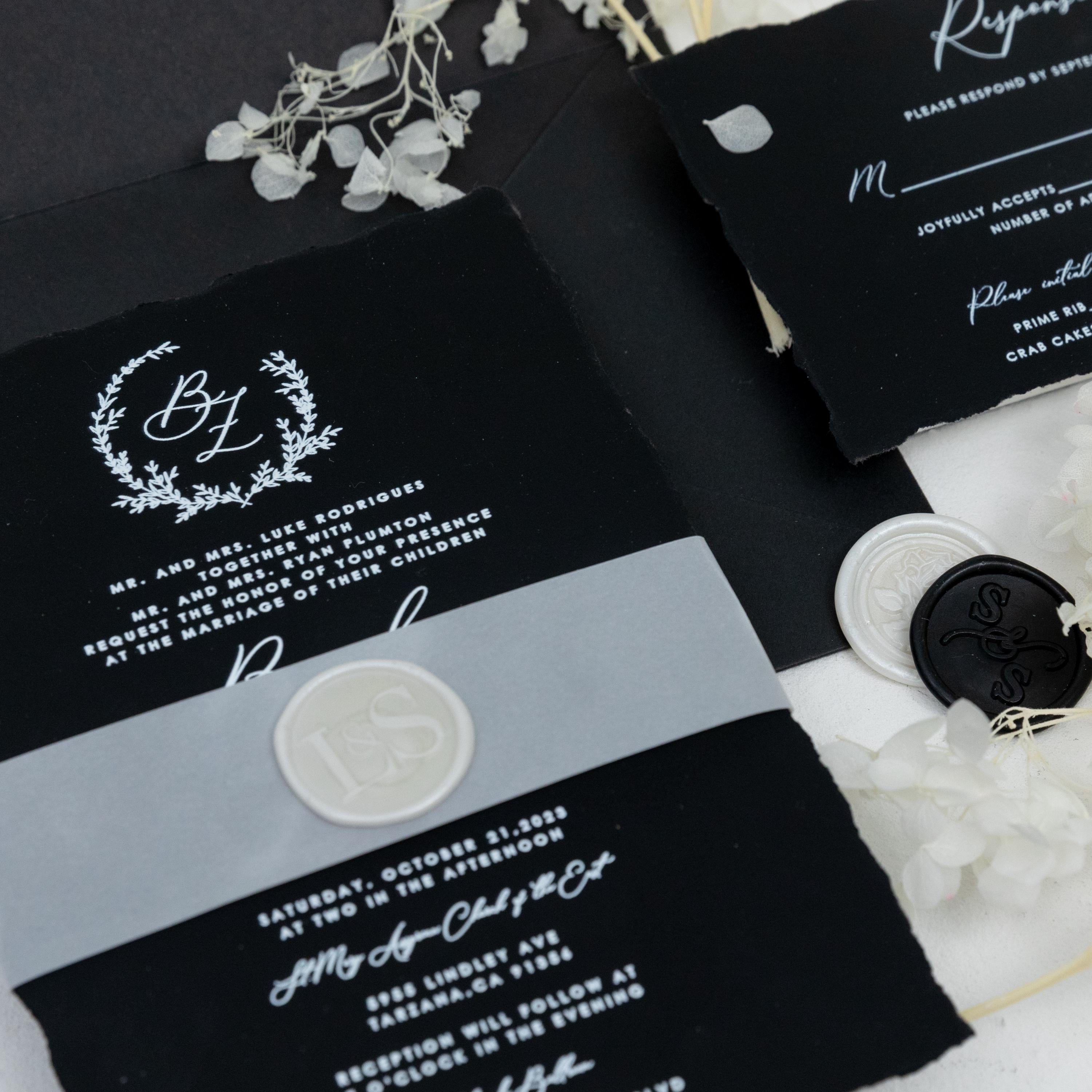 Matte Black Deckle Edge Wedding Invitation | Vellum Bellyband, White Ink