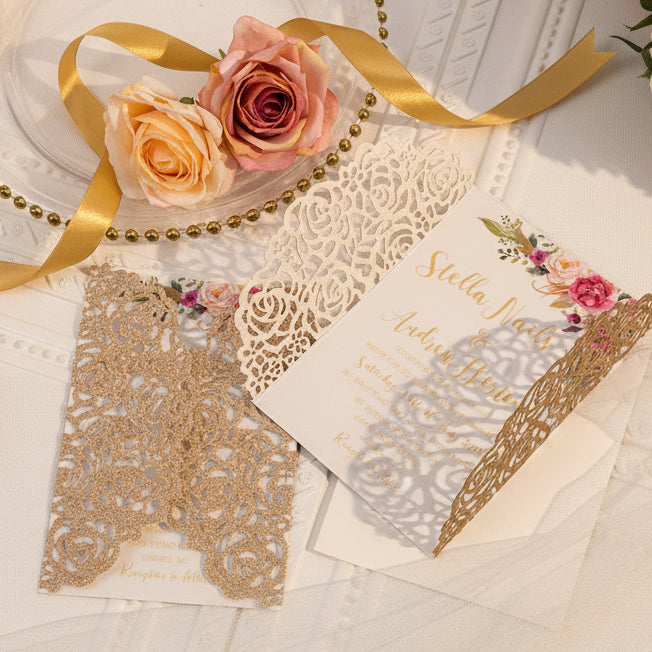 Rose Gold Glitter Lasercut Wedding Invitation with Pink Florals