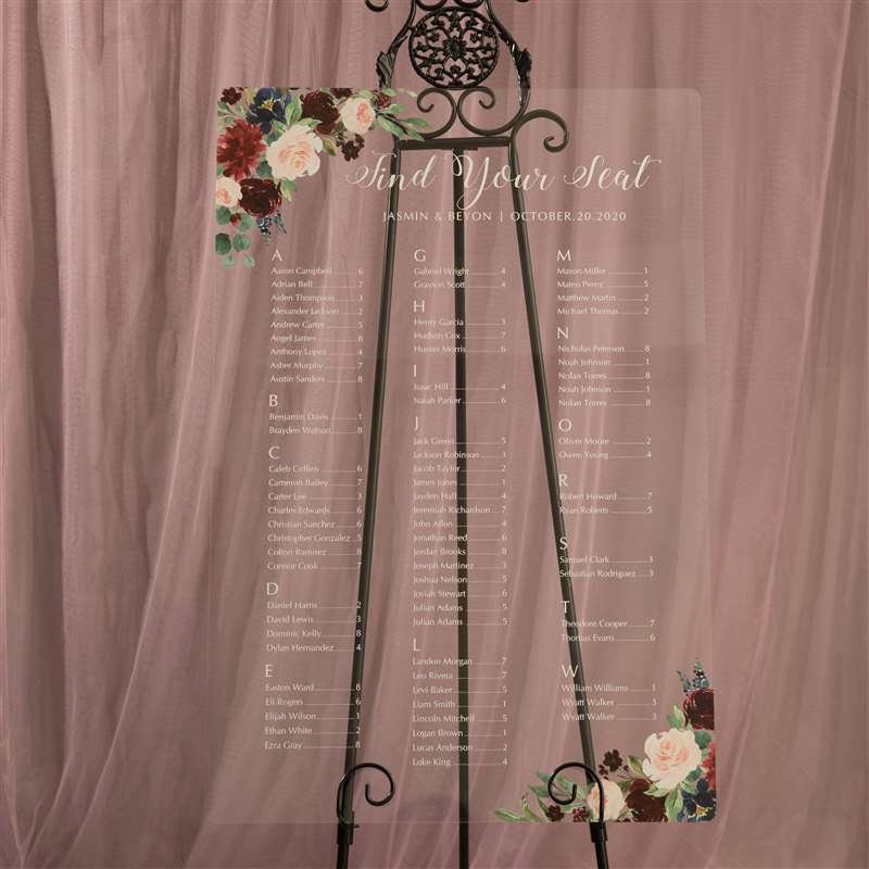 Floral Acrylic Wedding Seating Chart, Clear Table Plan