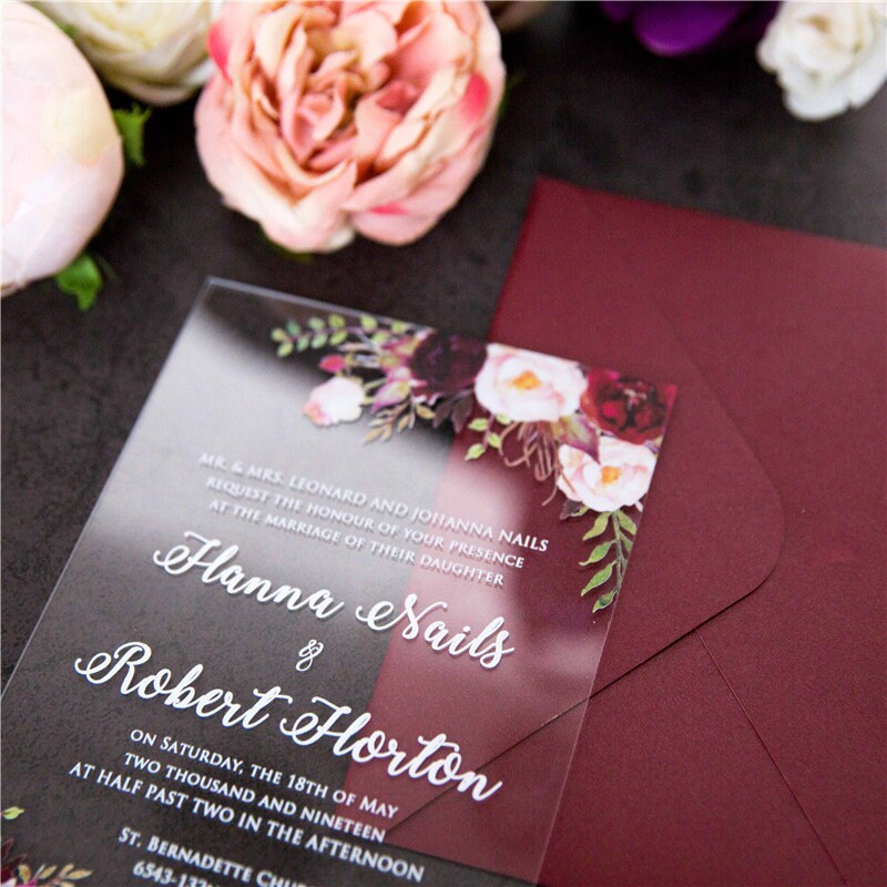 Acrylic Wedding Invitation: Clear Perspex with Burgundy Floral Design