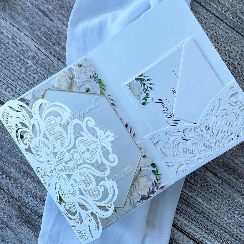 White Floral Acrylic Wedding Invitation | Laser Cut Jacket & Inserts