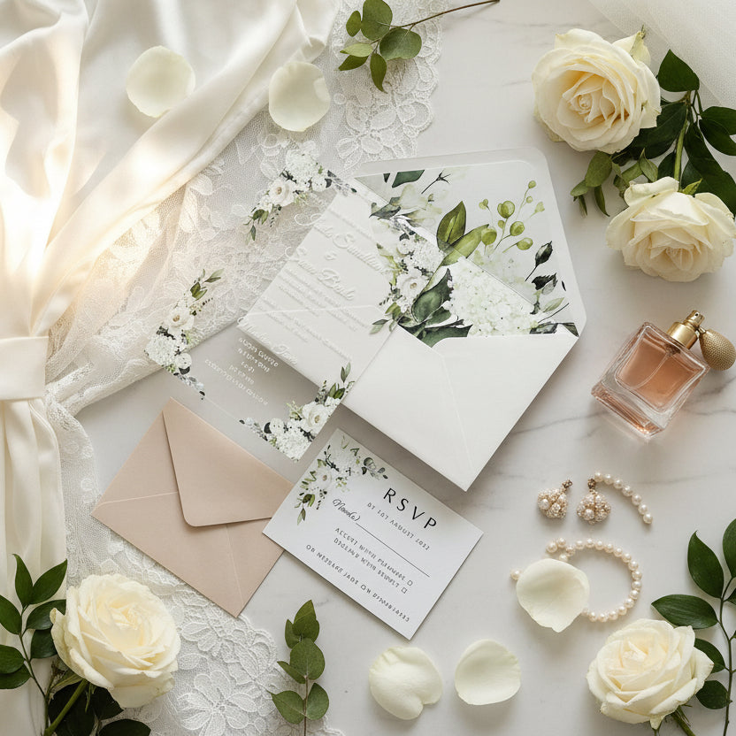 Clear Acrylic White Roses & Foliage Wedding Invite