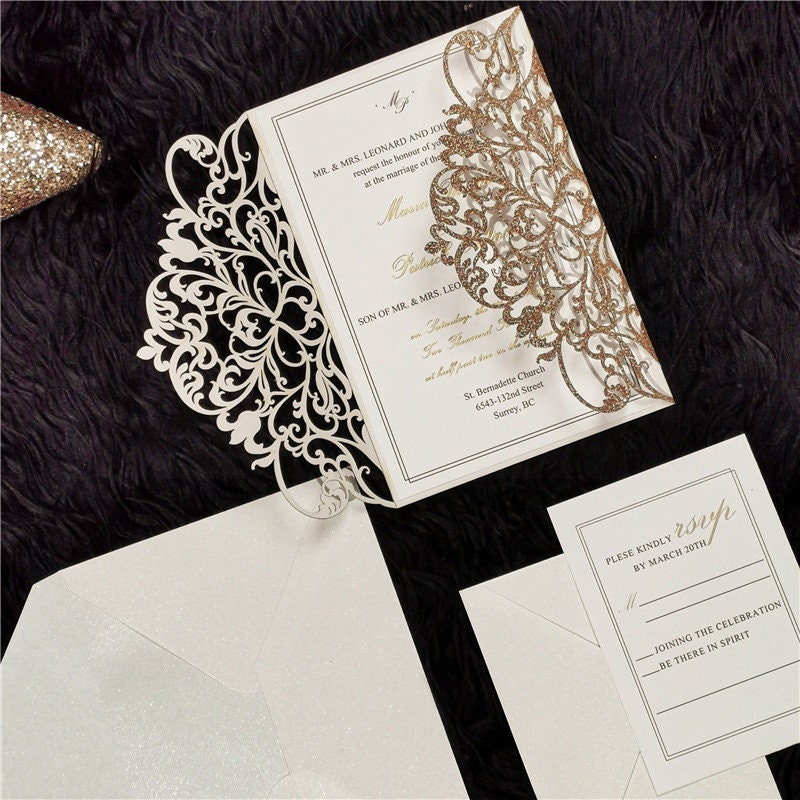 Rose Gold Glitter & White Delicate Lasercut Gatefold Wedding Invite