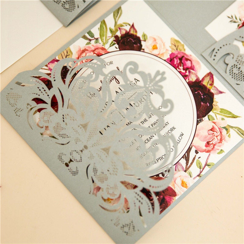 Silver Laser Cut Wedding Invitation with Floral Design