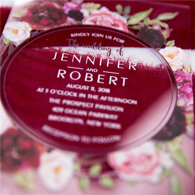 Acrylic Clear Burgundy Red Floral Wreath Wedding Invitation