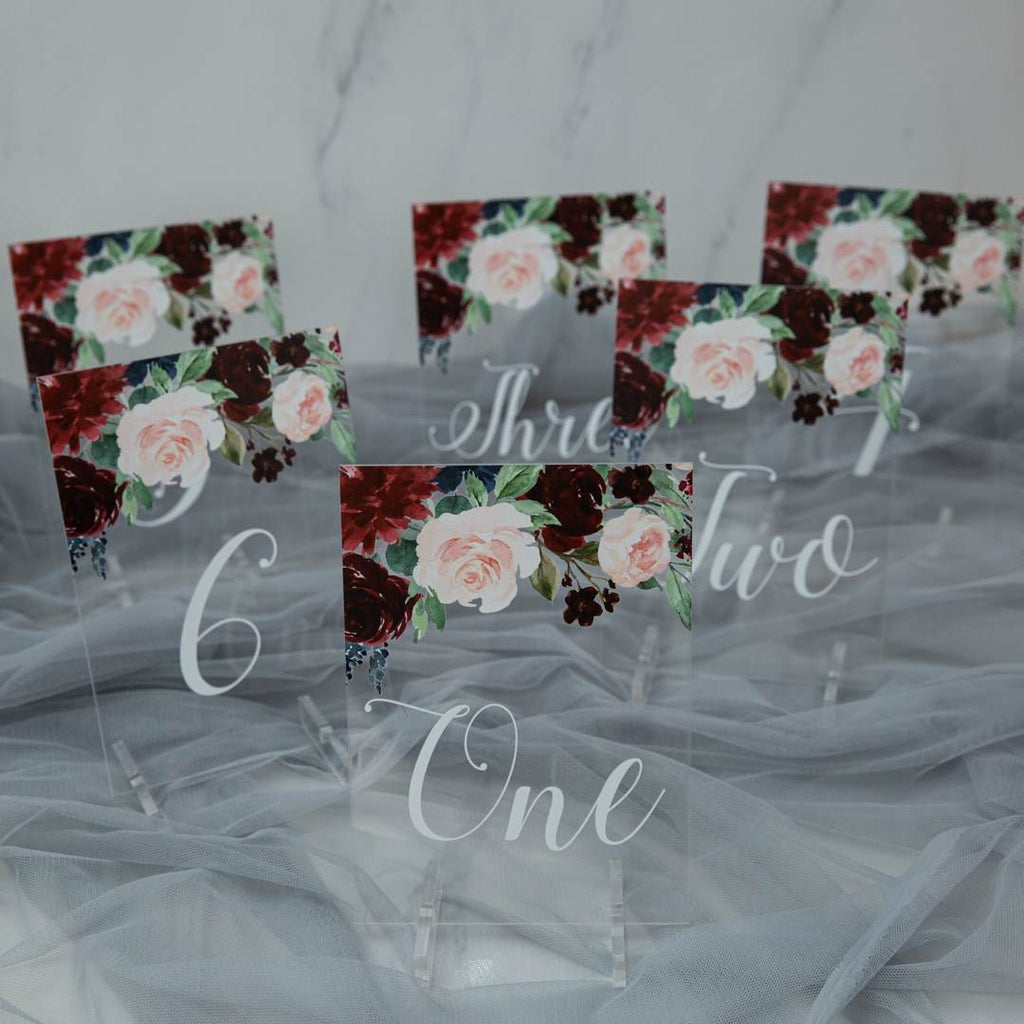 Burgundy Floral Acrylic Wedding Table Number or Name Sign