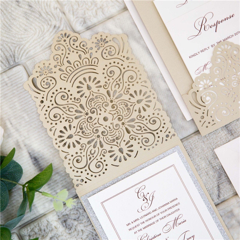 Champagne Gold Pocket Lasercut Wedding Invite / Wedding Invitation