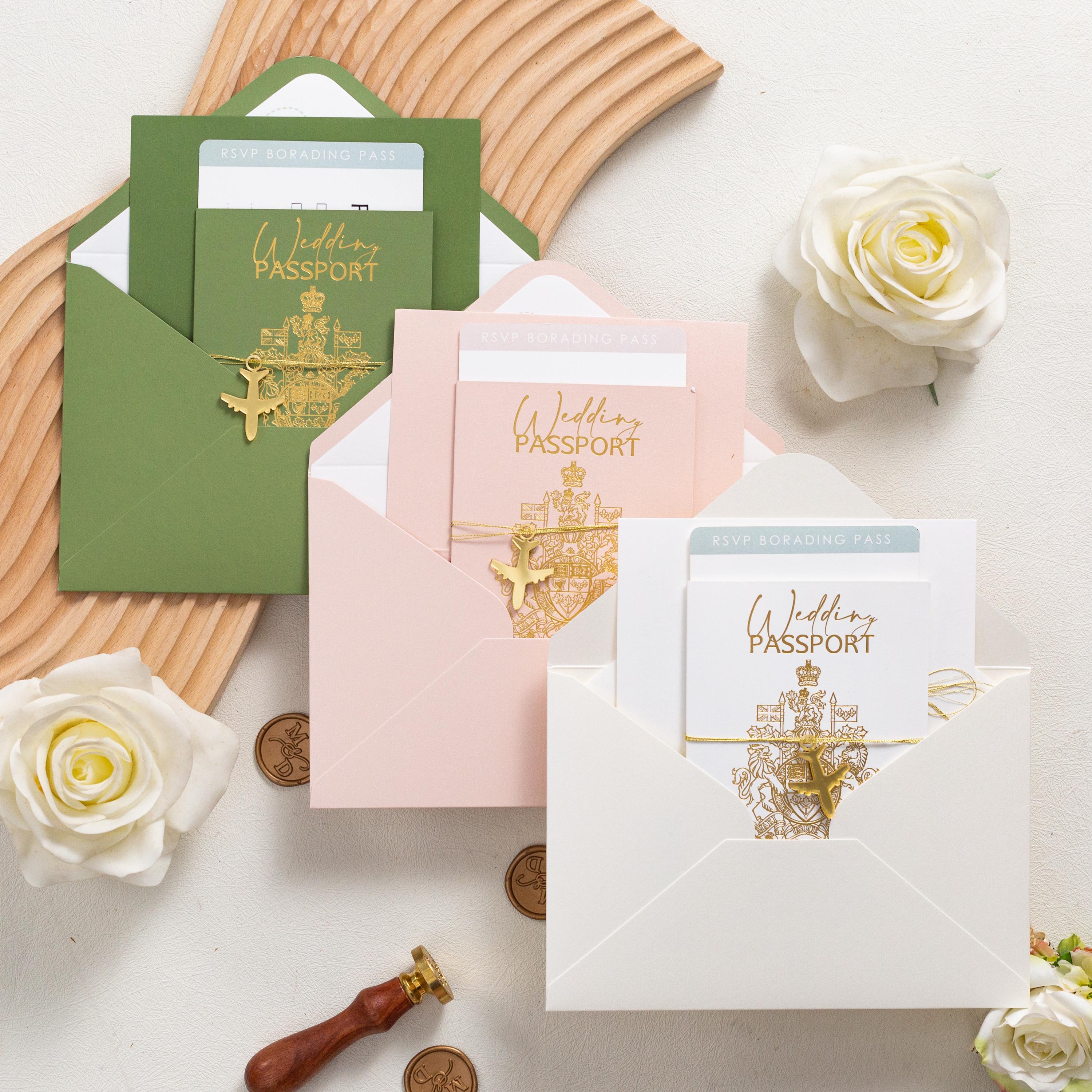 Destination Wedding Passport Invitation with Gold Airplane Charm