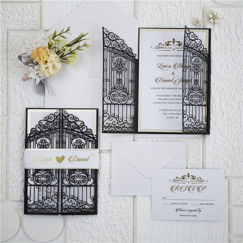 Iron Gate Lasercut Wedding Invite in Black Shimmer, with gold foiled belly band