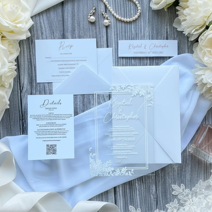 Modern Acrylic Wedding Invitation with Rose Gold Foiling Inserts & Bellyband