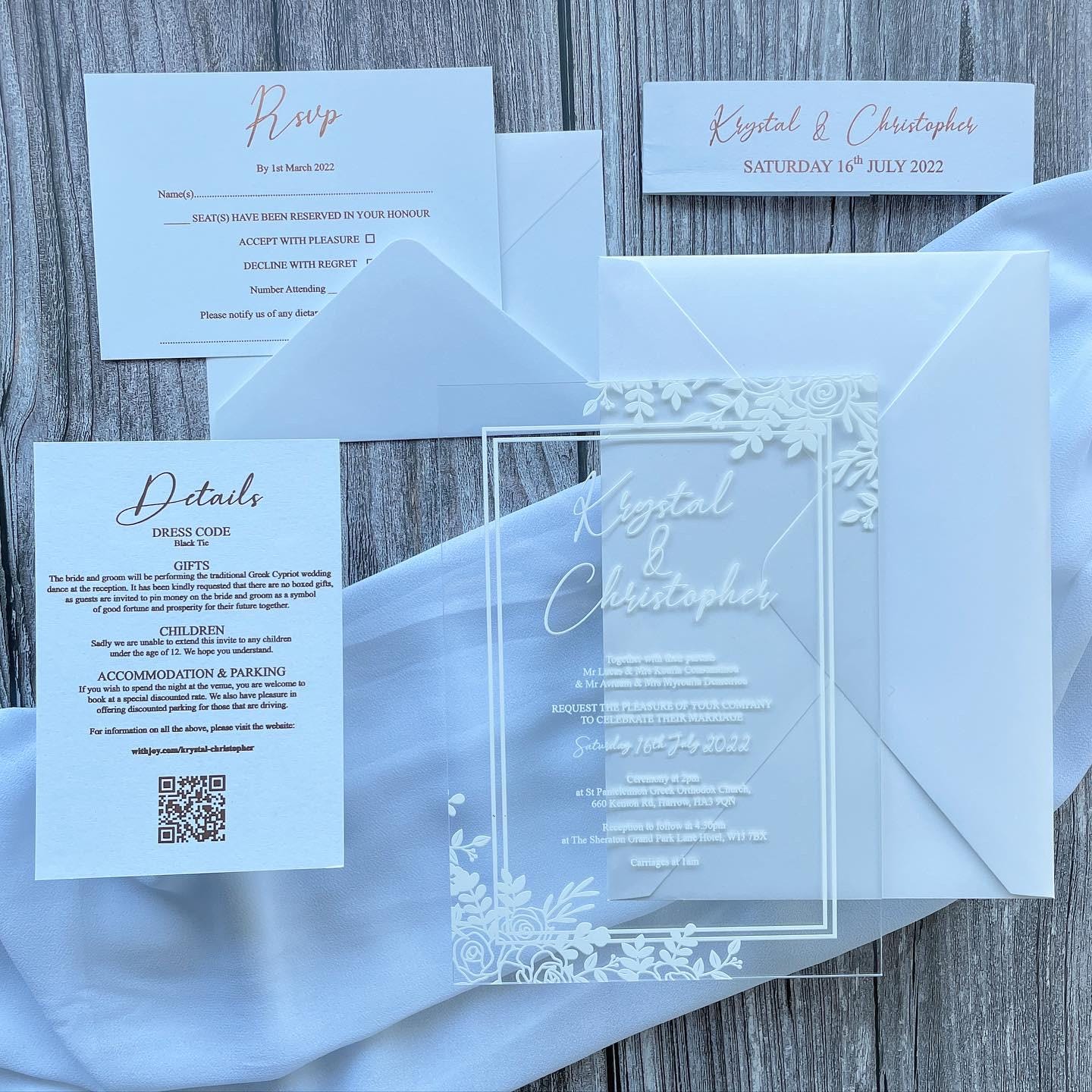 Acrylic Wedding Invitation Suite | Rose Gold Foil, Modern Invite