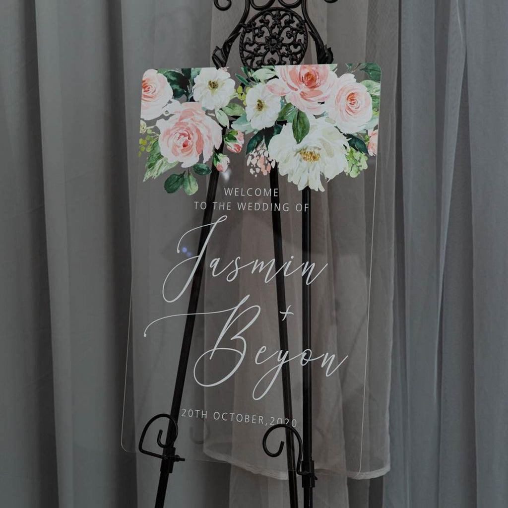 Blush Floral Acrylic Wedding Welcome Sign, Personalized Perspex Reception Decor