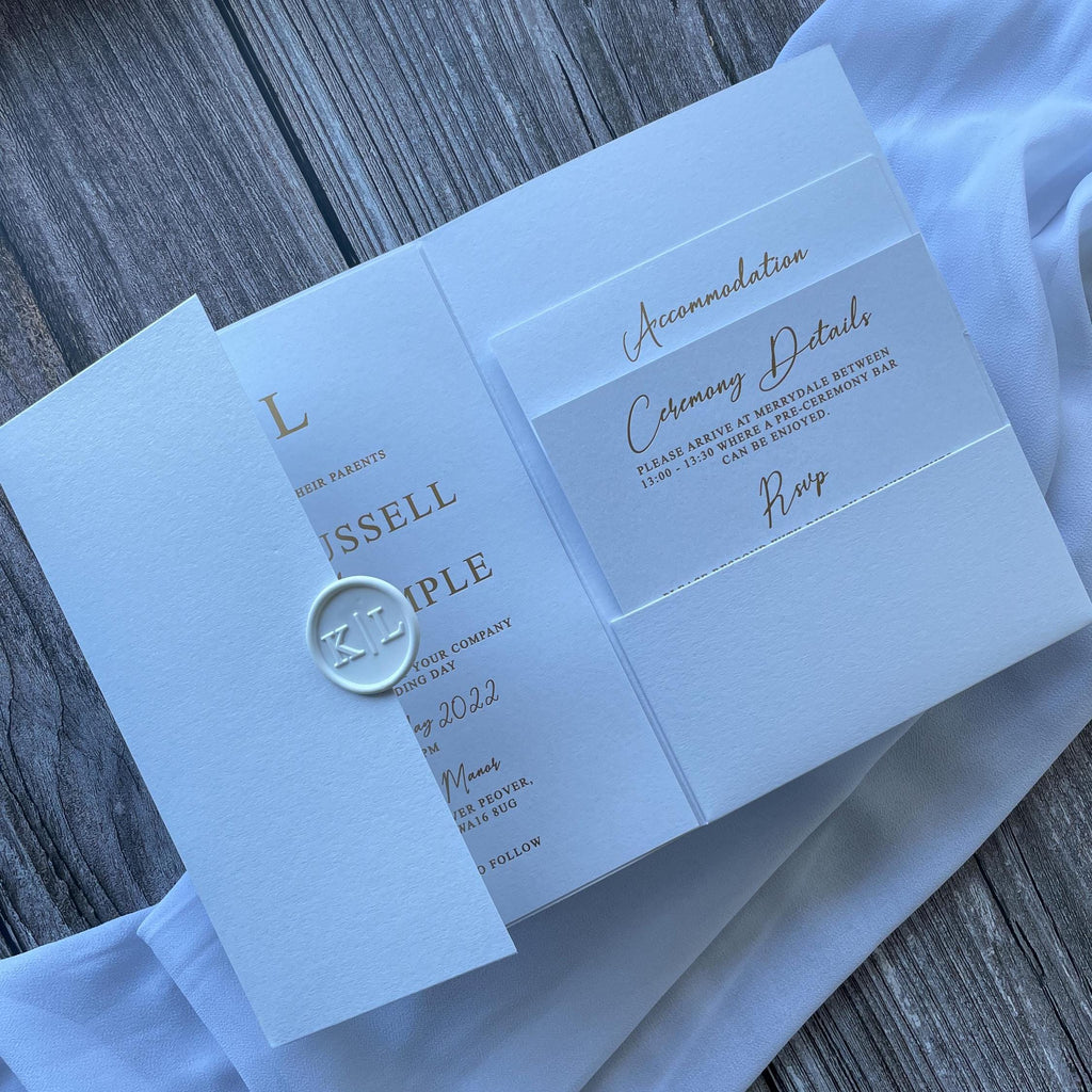 Modern Mimimalist White and Gold Foil Wedding Invitation with Inserts and Wax Seal | Modern Invite | Wedding Invitation | Gold foiled invite
