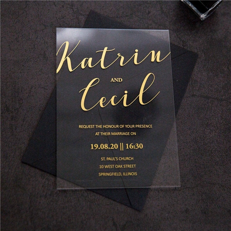 Acrylic Gold Wedding Invitation, Clear Perspex Invite