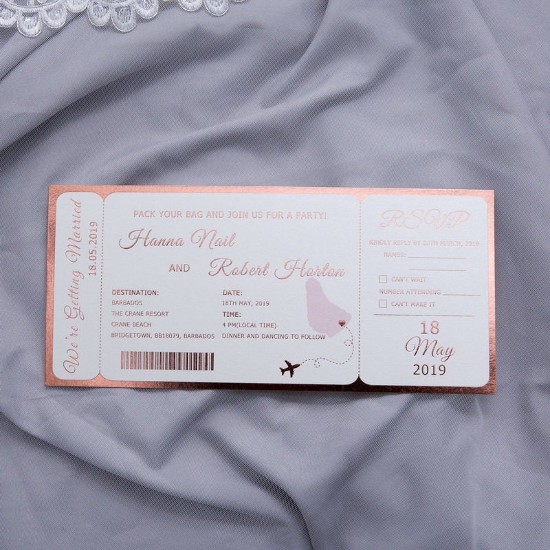 Foiled Boarding Pass Destination Wedding Invitation