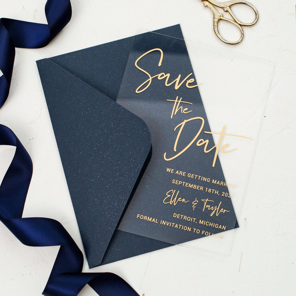 Clear Acrylic Wedding Save The Date | Gold Print, Glitter Navy Envelope