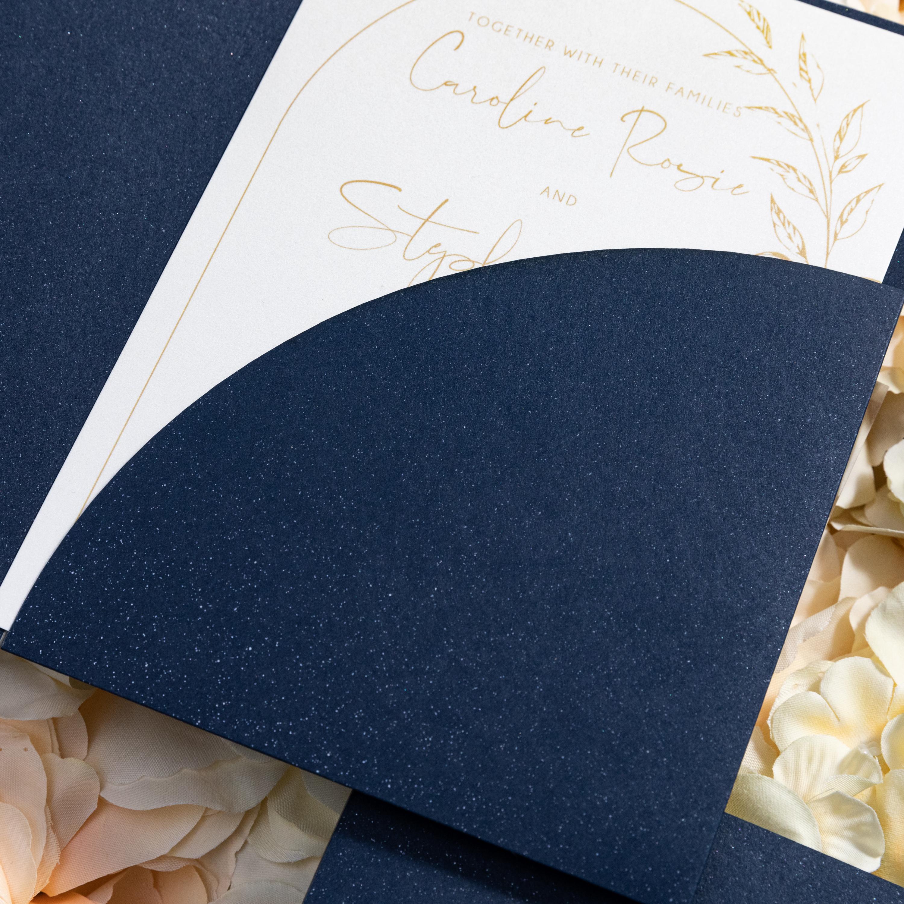 Pocketfold Wedding Invitation in Navy with pampas detailing & matching inserts