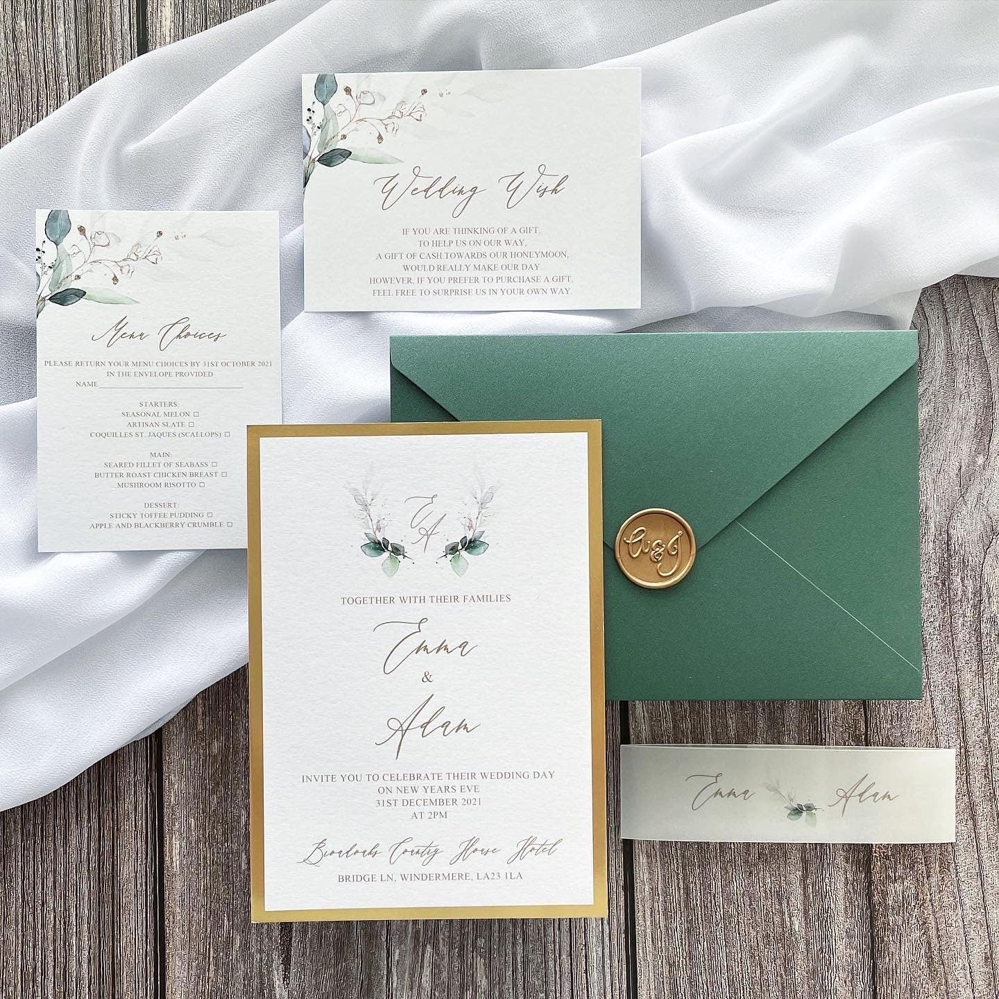 Emerald Green & Gold Mirror Wedding Invitation