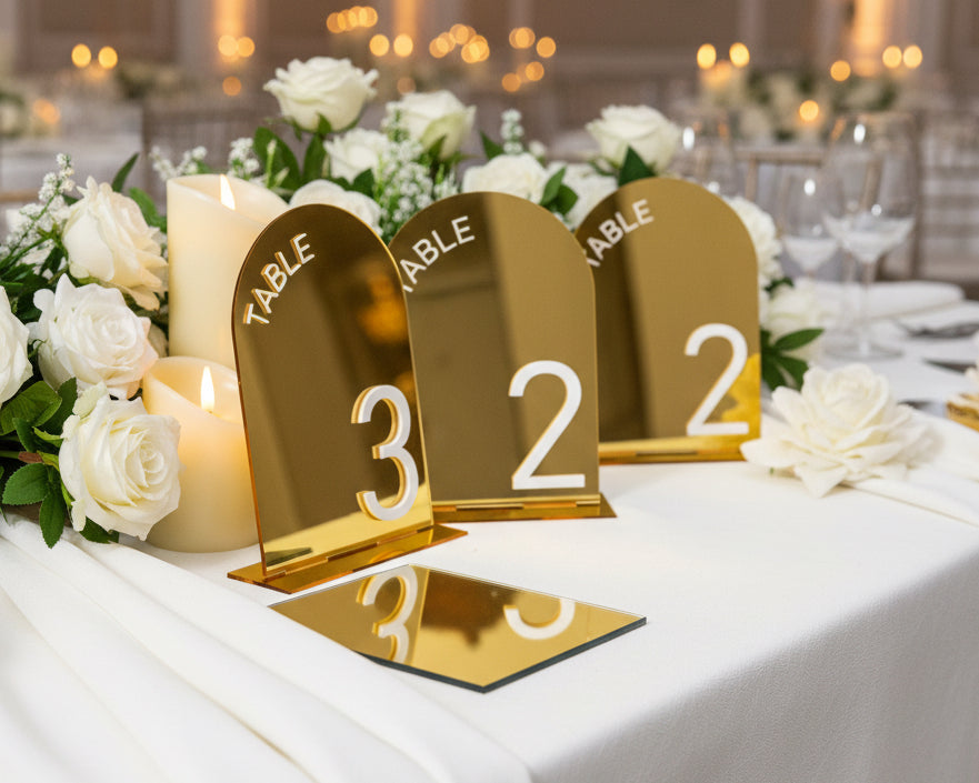 Arch Wedding Table Numbers and Names in Gold Mirror Acrylic and White 3D Letters