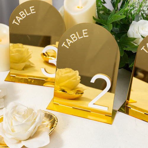 Arch Wedding Table Numbers and Names in Gold Mirror Acrylic and White 3D Letters