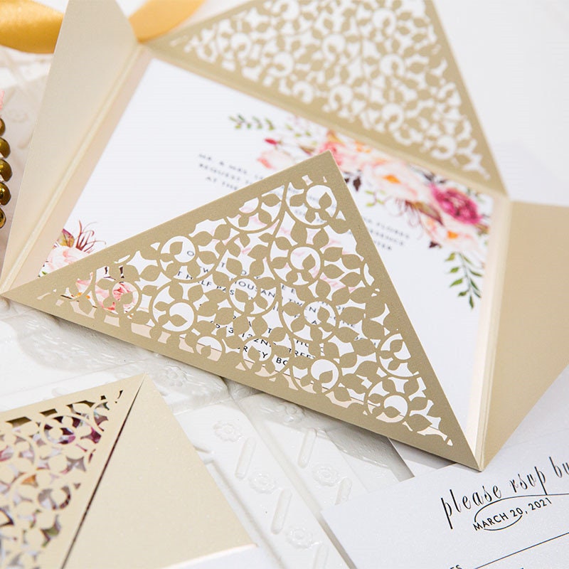Laser Cut Floral Wedding Invitation Suite, Gold Shimmer