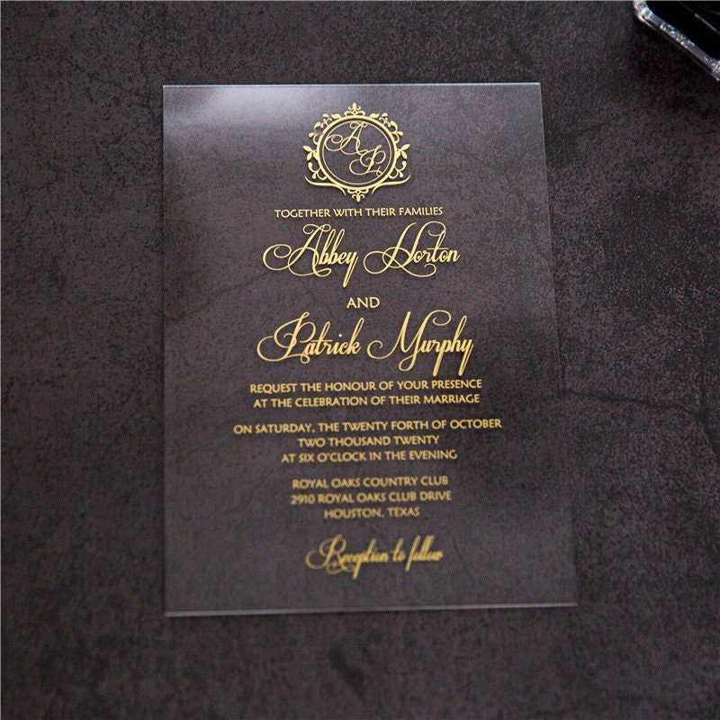 Acrylic Wedding Invitation: Clear Perspex with Gold Print