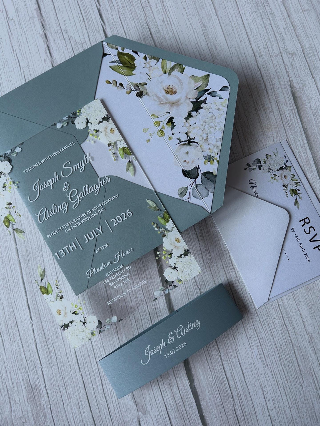 Elegant Acrylic Wedding Invitation: Dusty Blue Floral, Shimmer Envelope