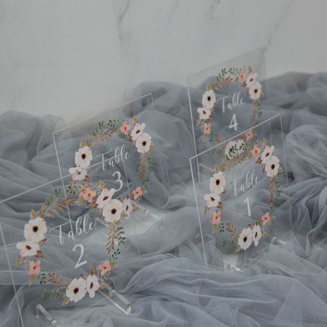 Peach Floral Acrylic Wedding Table Number Sign