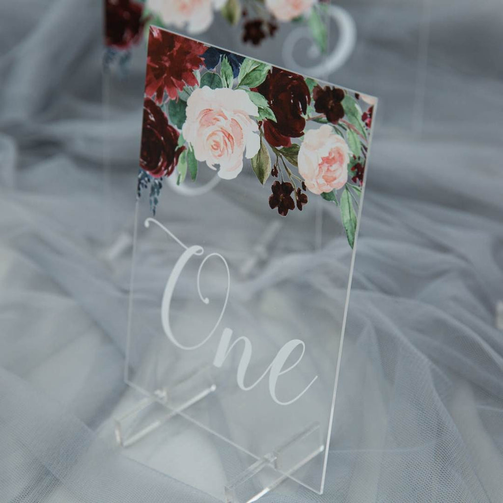Burgundy Floral Acrylic Wedding Table Number or Name Sign