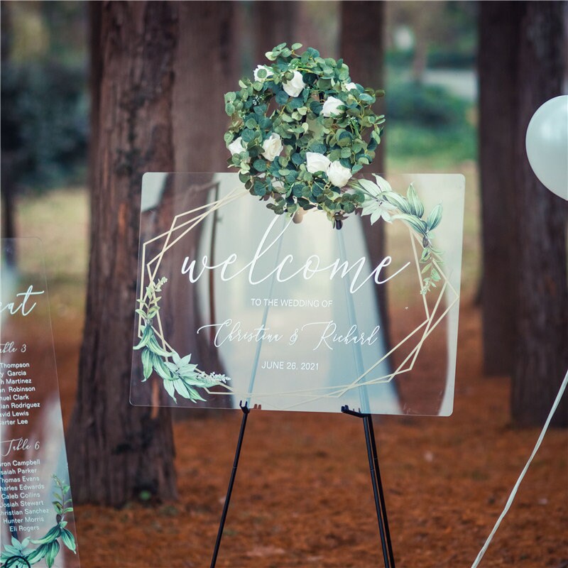 Geometric Foliage Calligraphy Acrylic Wedding Sign