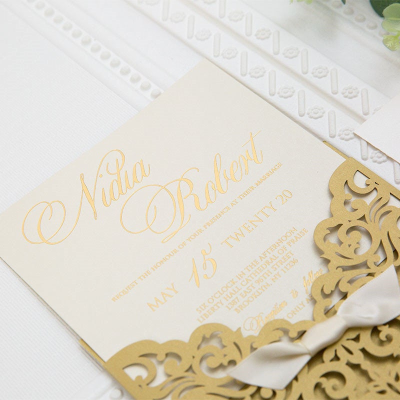 Gold Pocket Wedding Invitation with Gold Foiling Detailing and Ivory Ribbon Finish