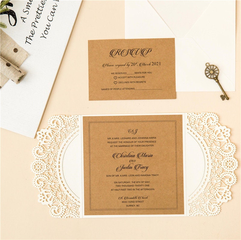 Laser Cut Wedding Invitation: Rustic Kraft & Ivory Shimmer