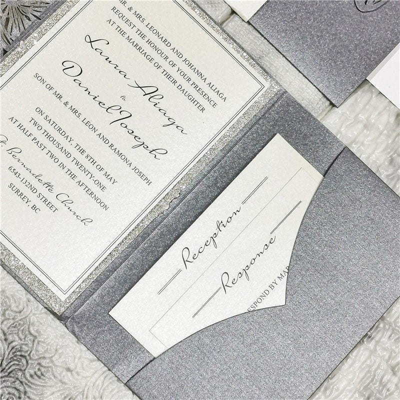 Laser Cut Wedding Invitation in Silver Grey Shimmer