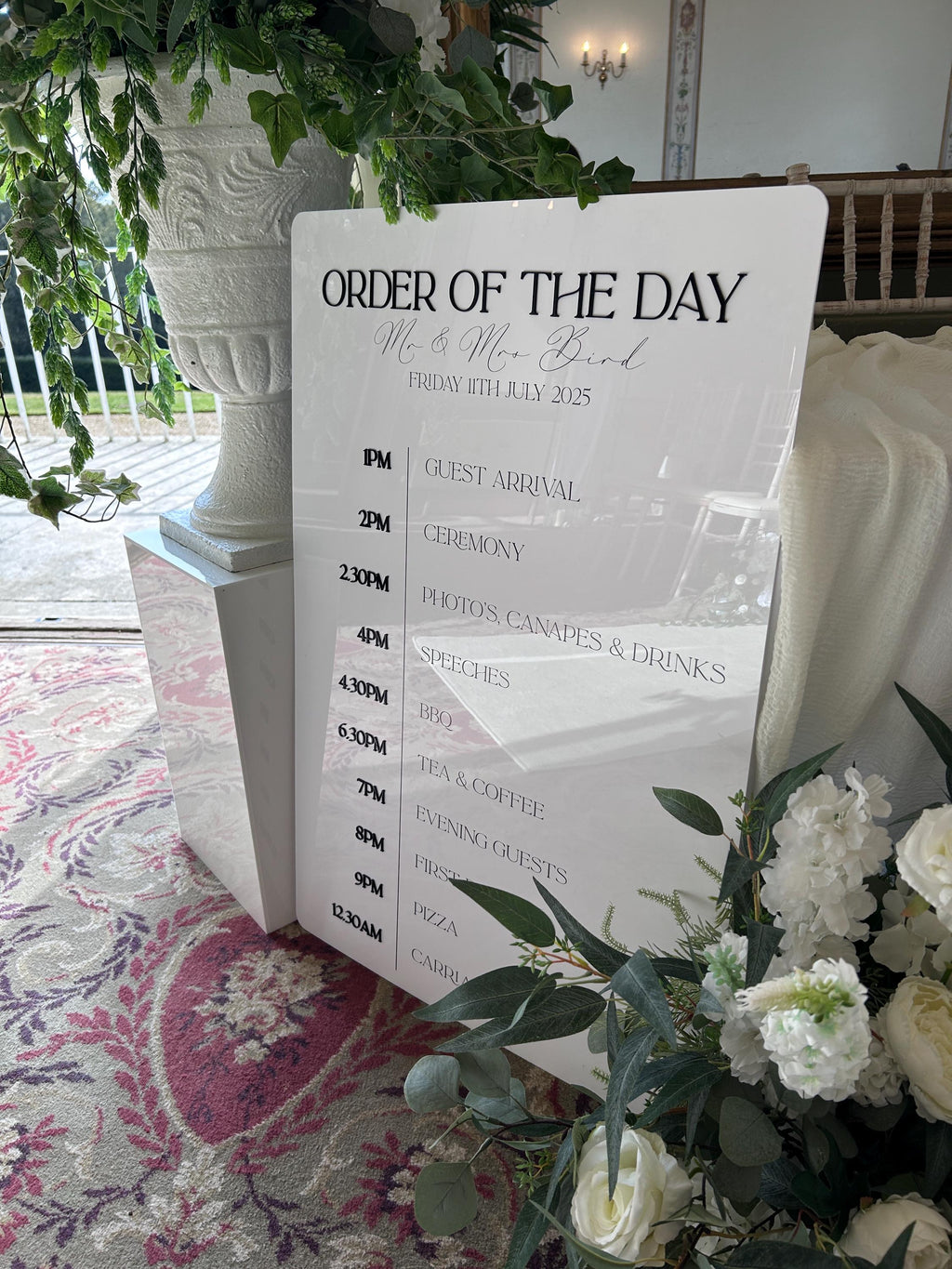 Monochrome Modern Black and White Wedding Order of the Day Signage with 3D Lettering